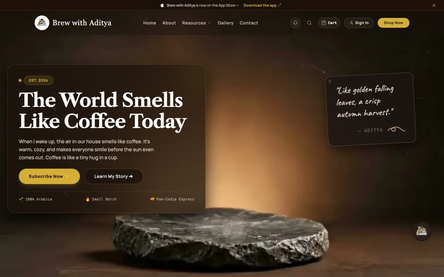 Homepage of the live Brew With Aditya specialty coffee platform