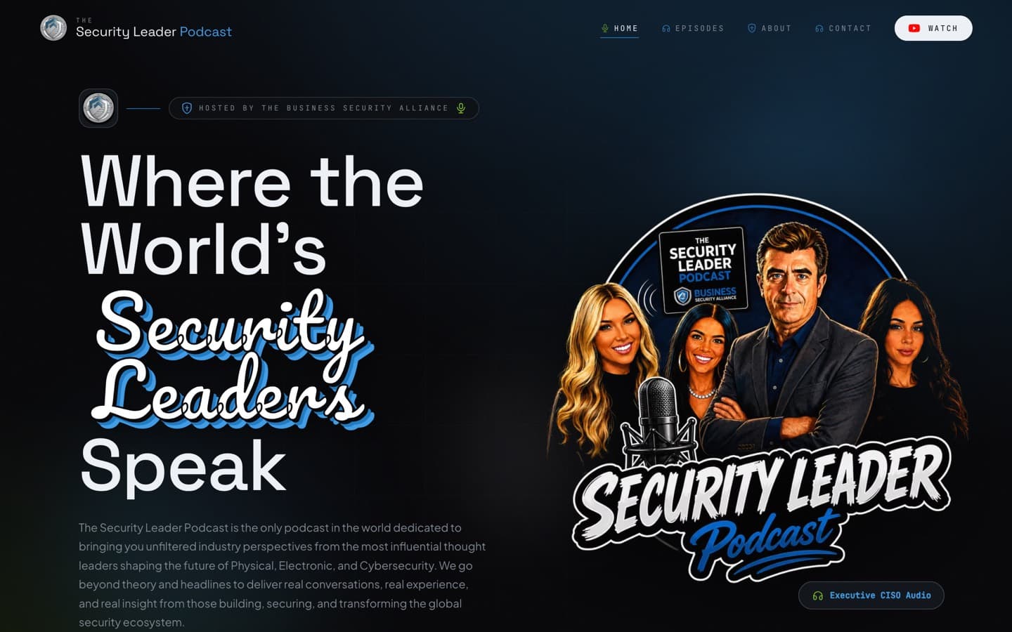 Homepage of the live Security Leader Podcast media platform
